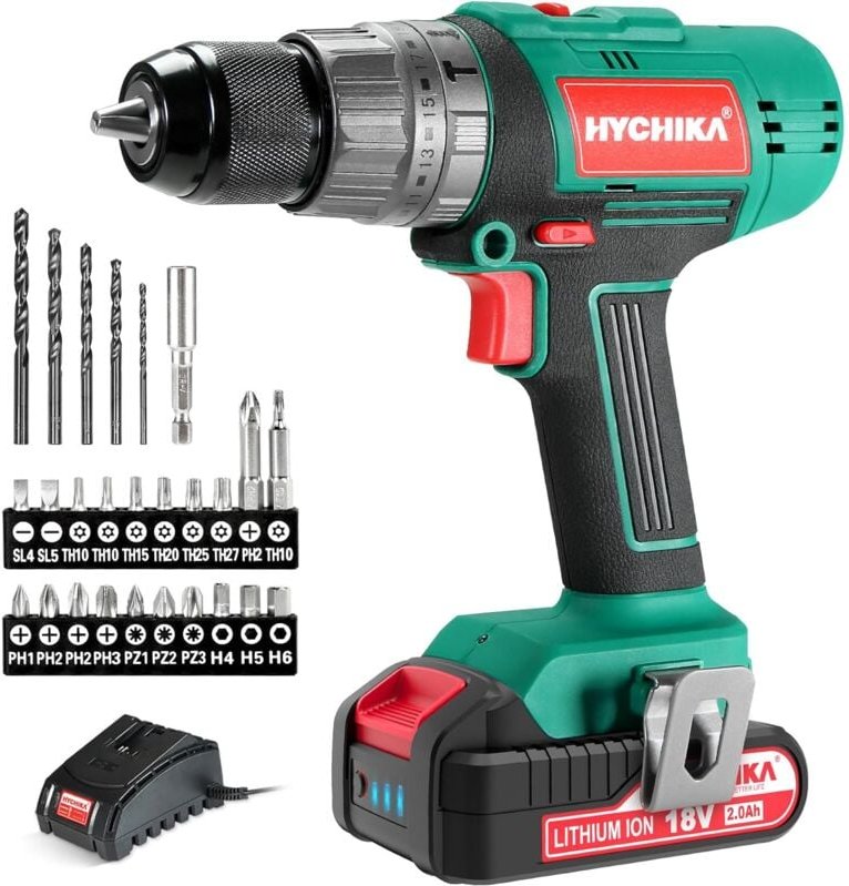 Akkuschrauber 18V, 45 N.m Max Akkuschrauber & Bohrschrauber, mit 2.0Ah Akku & 27tlg. Zubehörset, 21+3 Stufen, 2 Geschwin...