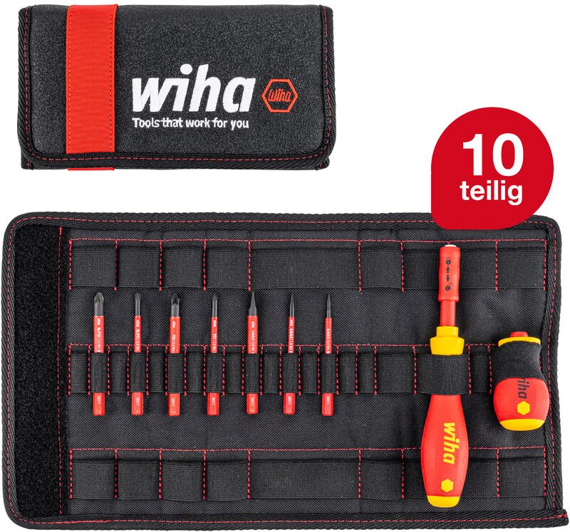 Schraubendreher und Bit Set slimVario (41233) 10 tlg. in Falttasche vde Elektriker mit Griff, Schlitz, Kreuzschlitz, Plu...