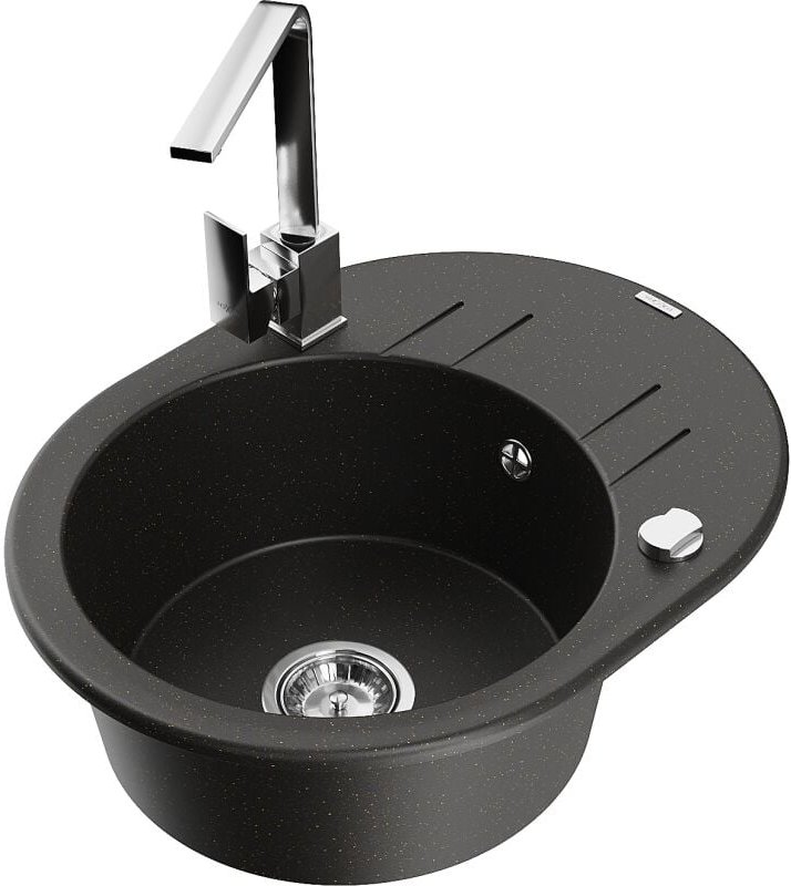 Mexen Kevin 1 Becken-Granitspüle mit Abtropffläche und Mischbatterie Rita, Schwarz/Gold metallisch - 6517-75-670300-00