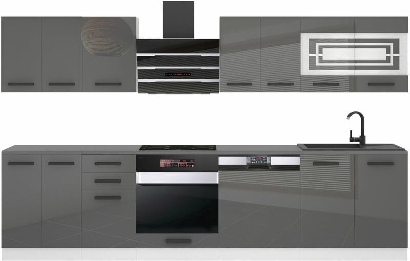 Küchenzeile Küchenblock Lucy - Küchen-Möbel 300 cm Küche komplett ohne Elektrogeräten mit Hängeschränke und Unterschränk...