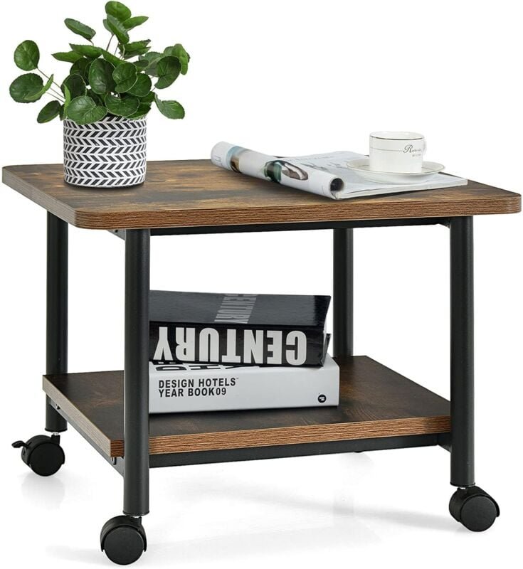 Druckertisch mit Arretierbaren Raeder, Rollcontainer mit 2 Ablagen, Rollwagen für Schreibtisch, Drucker Staender aus Hol...