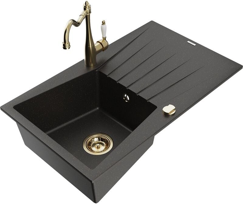 Mexen Cesar 1 Becken-Granitspüle mit Abtropffläche und Mischbatterie Carla, Schwarz/Gold metallisch - 6514-75-670700-50
