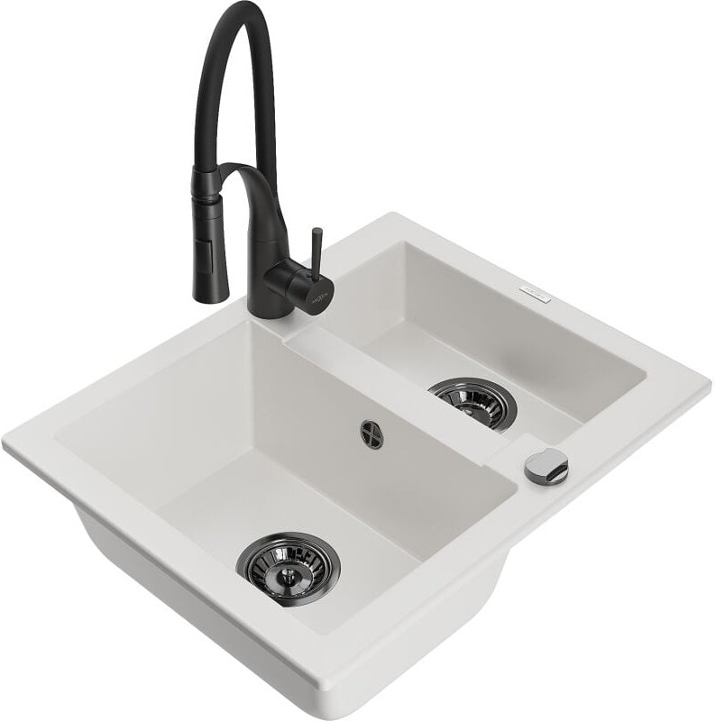 Carlos 1-Becken-Granit-Spüle mit Mischbatterie Aster, Wei√ü - 6518-20-73450-70-B - Mexen