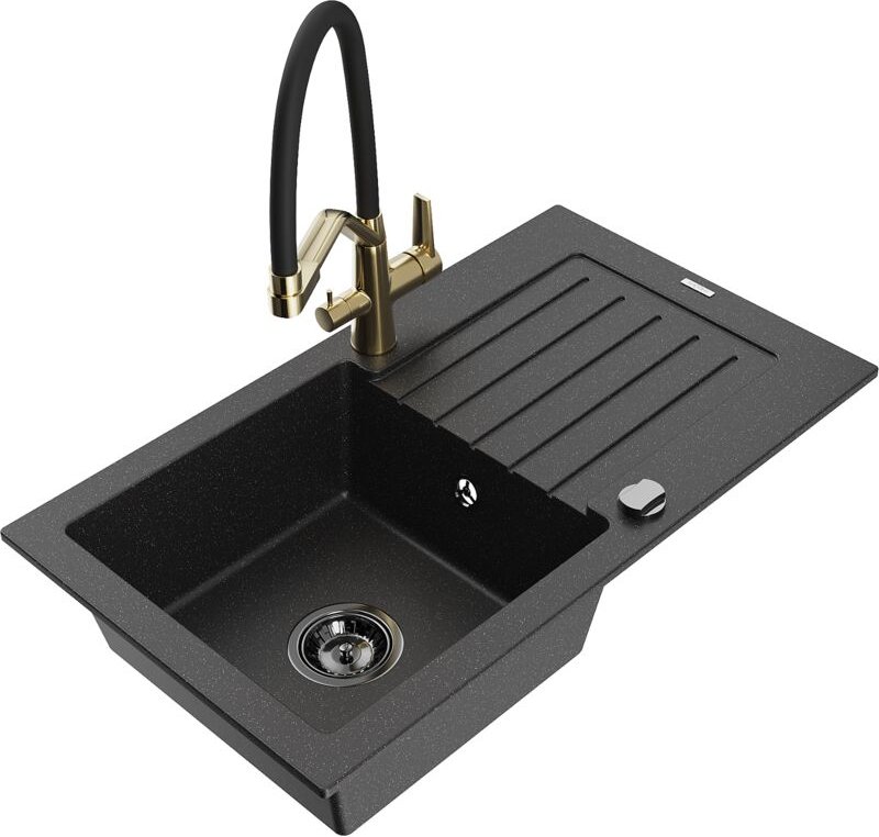 Pablo 1 Becken-Granitspüle mit Abtropffläche und Mischbatterie Duo, Schwarz/Silbermetallic - 6 - Mexen