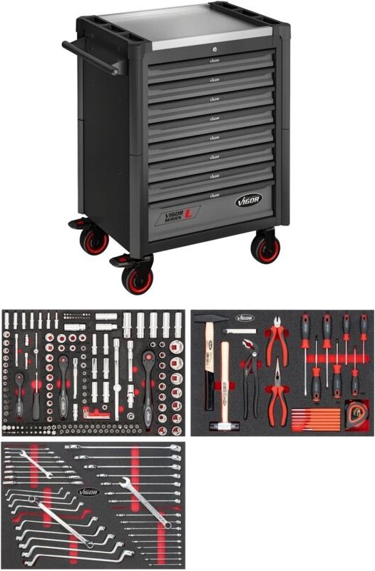 VIGOR Werkstattwagen Series L, mit Sortiment, 248-tlg., Edelstahl-Arbeitsplatte, Anzahl Werkzeuge: 248