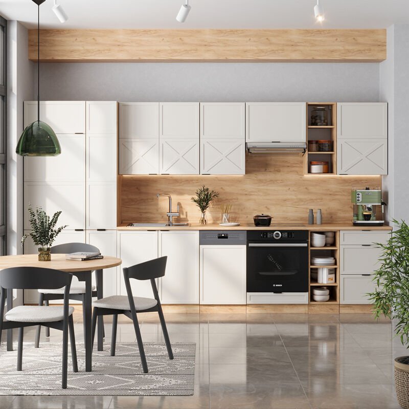 Küchenzeile Fame-Line, GrauBeige/Goldkraft Eiche, 355 cm , AP Marmor, Vicco