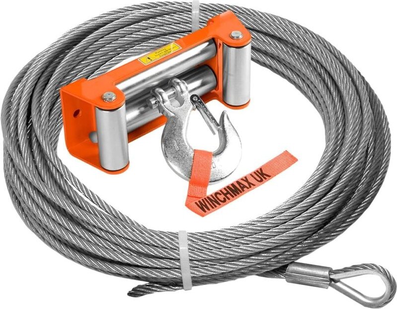 Drahtseil 26 m x 9,1 mm, Lochbefestigung. Rollenführung. 3/8 Zoll Gabelkopfhaken. Für Winden bis 13.500 Pfund.