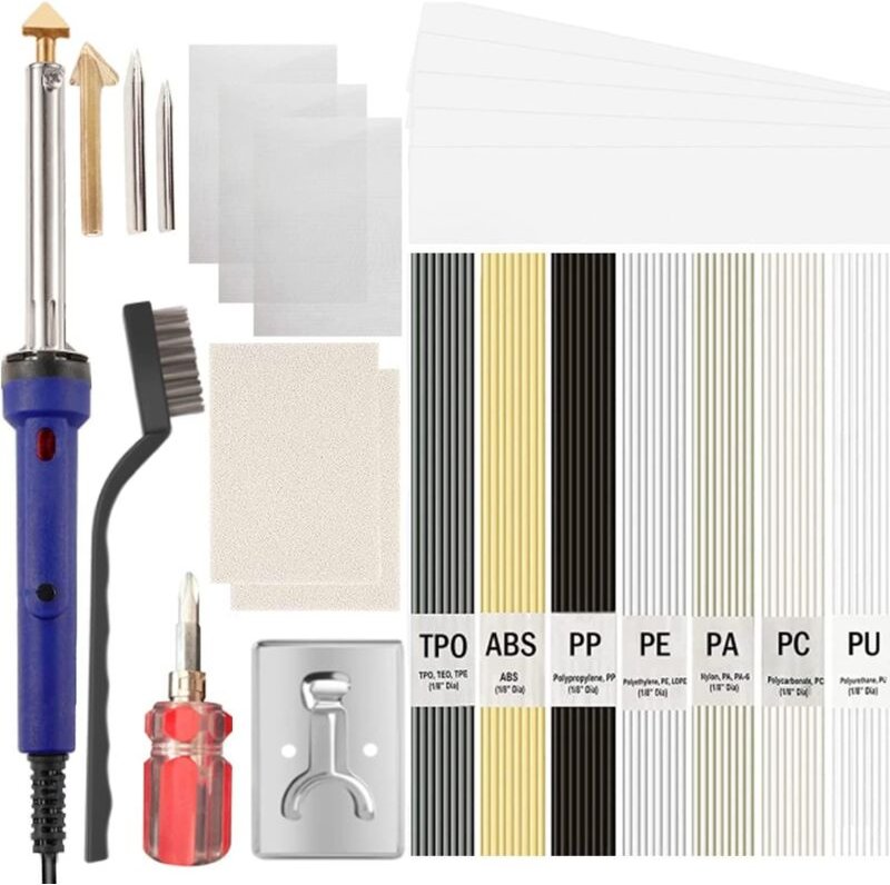 100 W Kunststoffschweißen, Kunststoffreparaturset mit 7 Typen 56 Schweißstäben, 2-in-1-Kunststoffschweißgerät mit 2 Schw...