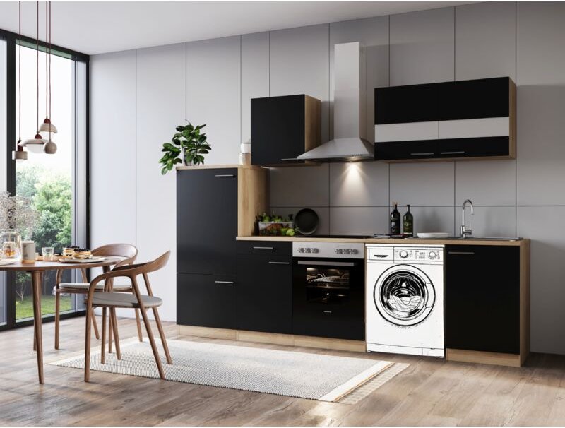 Thumbnail - Küche Küchenzeile für Unterbau Waschmaschine Eiche Schwarz Merle 280 cm Respekta