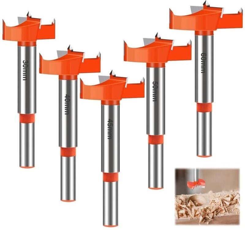 5-teilige Holzbohrer, 30/40/45/50/60 mm Hartmetall-Holzfräser, Rundschaft-Holzbohrer-Set, Bohrer, zur Herstellung von De...