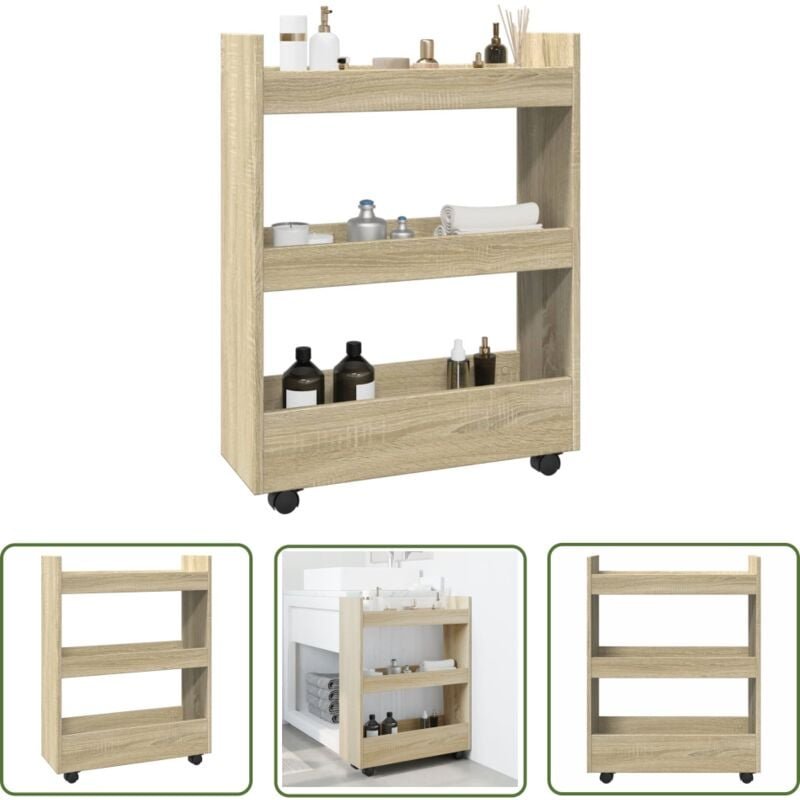 The Living Store - vidaXL Aufbewahrungswagen Schmal 3 Etagen Sonoma Eiche Holzwerkstoff