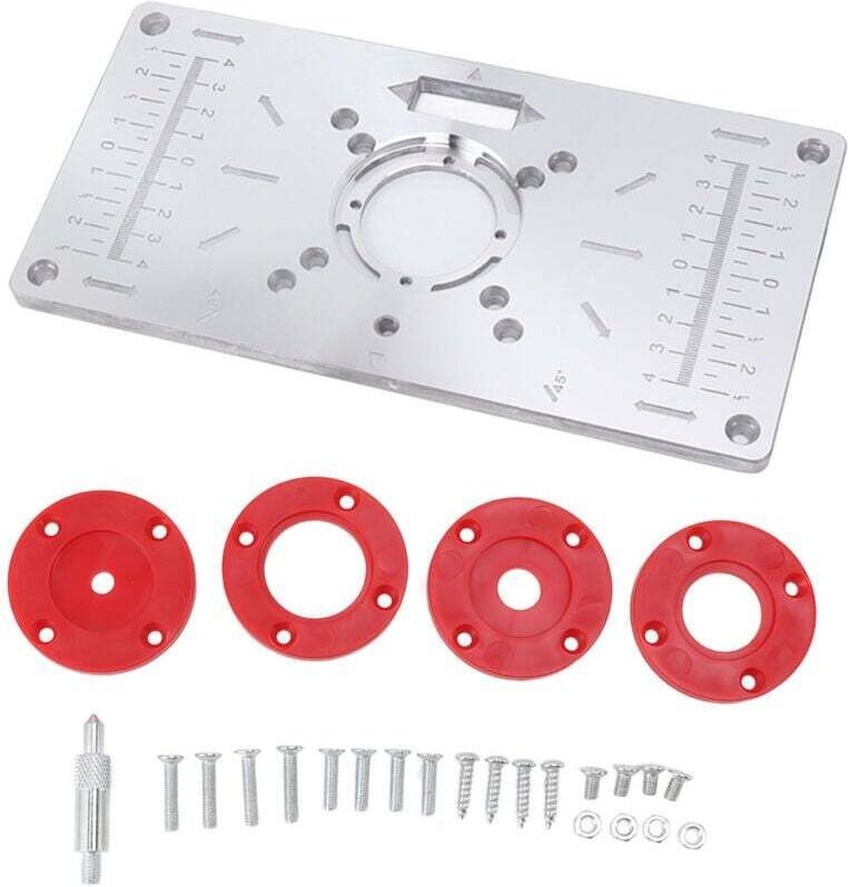 Frästisch-Einsatzplatte, Aluminium-Holzbearbeitungs-Fräsplatte mit 4 Einlegeringen zum Holzschneiden, Fräsen und Schlitz...