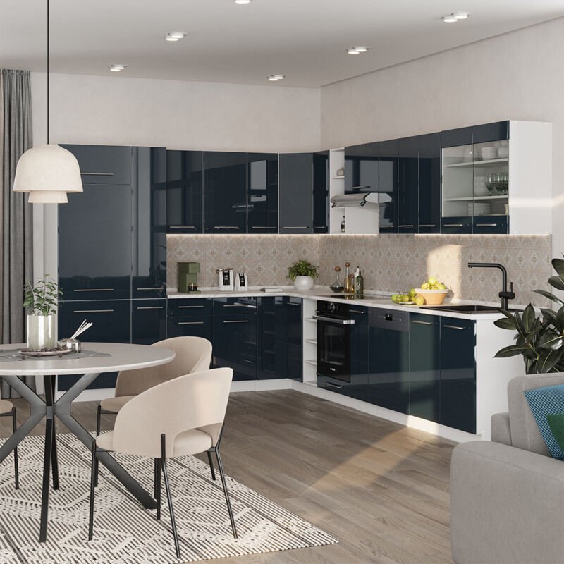 Vicco - Eckküche Fame-Line, Dunkelblau Hochglanz/Weiß, 257 x 60 cm , ap Anthrazit