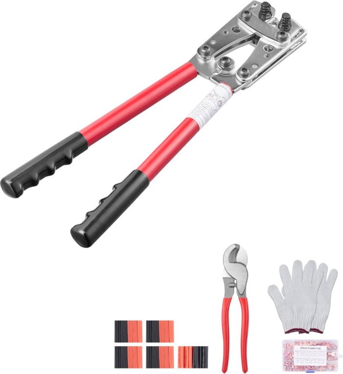 Mophorn - Crimpzange für Batteriekabelschuhe, 10–1/0 awg mit Kabelschneider und 95 Kupferringkabelschuhen, 6 Crimpeinsät...