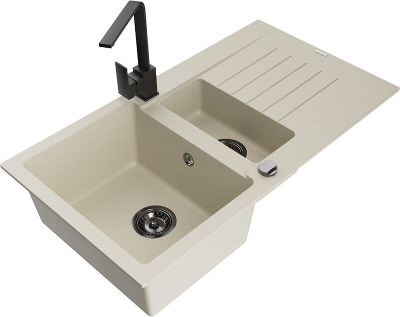 Matias 1,5-Becken-Granitspüle mit Abtropffläche und Mischbatterie Rita, Beige - 6502-69-670300 - Mexen