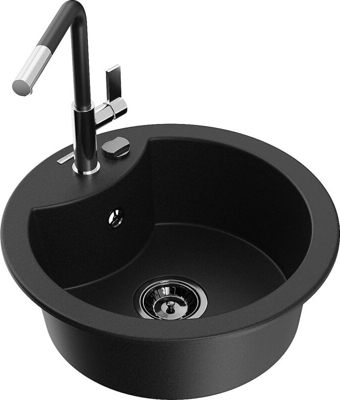 Mexen - Diego 1-Becken-Granitspüle mit Mischbatterie Flora, Schwarz - 6512-77-670401-07-B