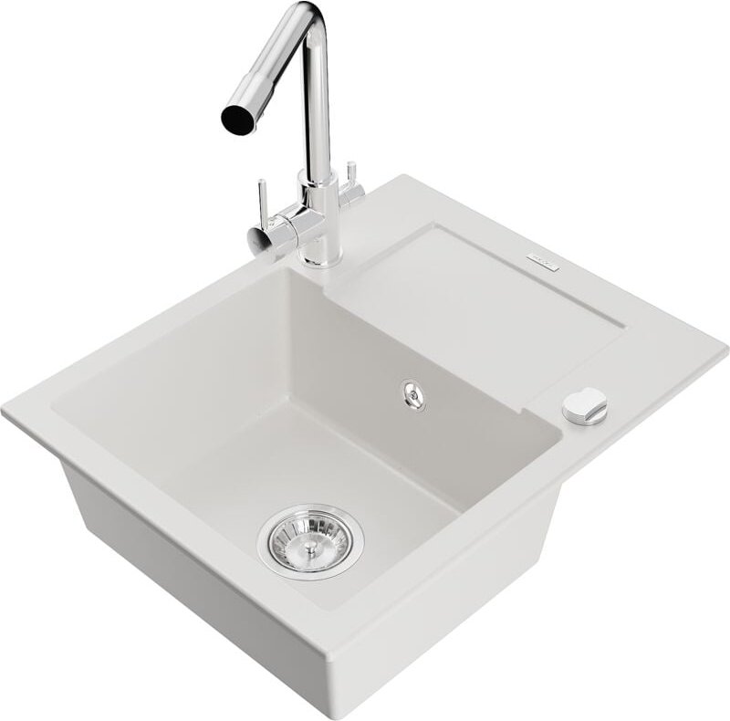 Enzo 1 Becken-Granitspüle mit Abtropffläche und Mischbatterie Duero, Weiß - 6506-20-671600-00 - Mexen