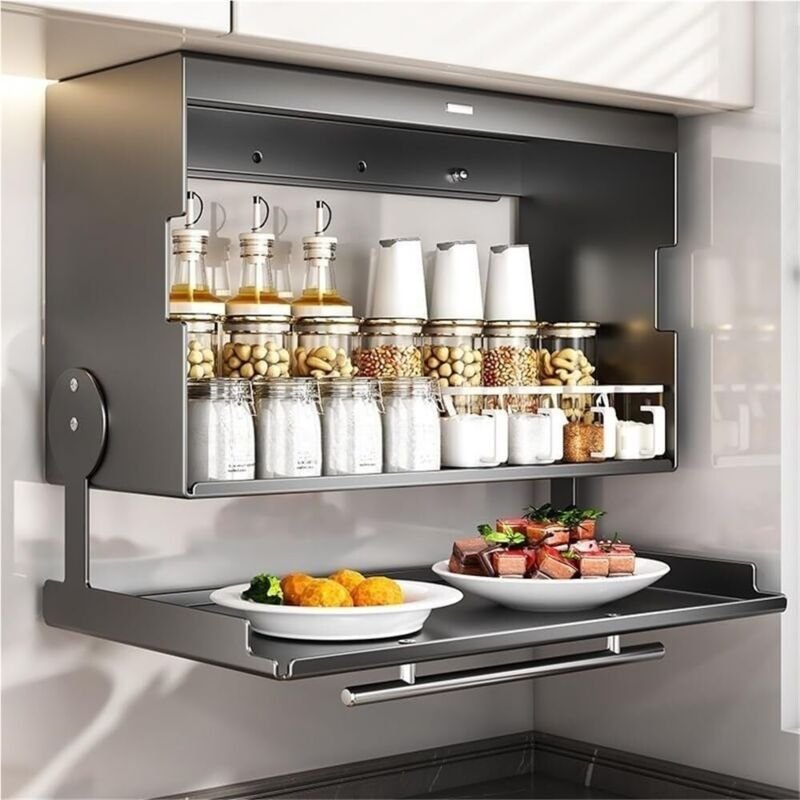 Doppelschichtiger, faltbarer Lagerschrank, Wandmontage-Lagerschrank aus Kohlenstoffstahl mit Tablett zur Lebensmittelzub...