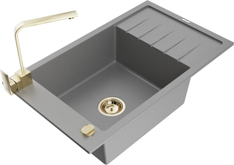 Elias 1 Becken-Granitspüle mit Abtropffläche und Mischbatterie Rita, Grau - 6511-71-670300-50 - Mexen