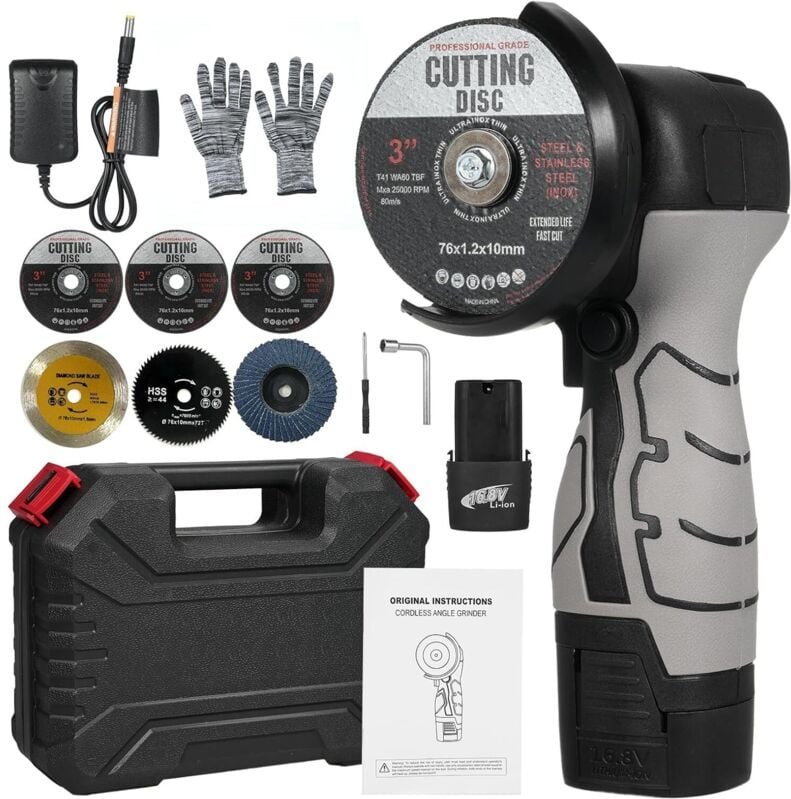 Zoternen - Mini-Akku-Schleifgerät, 76 mm Mini-Akku-Winkelschleifer, Akku-Winkelschleifer mit Ladegerät und 2 Akkus, 7000...