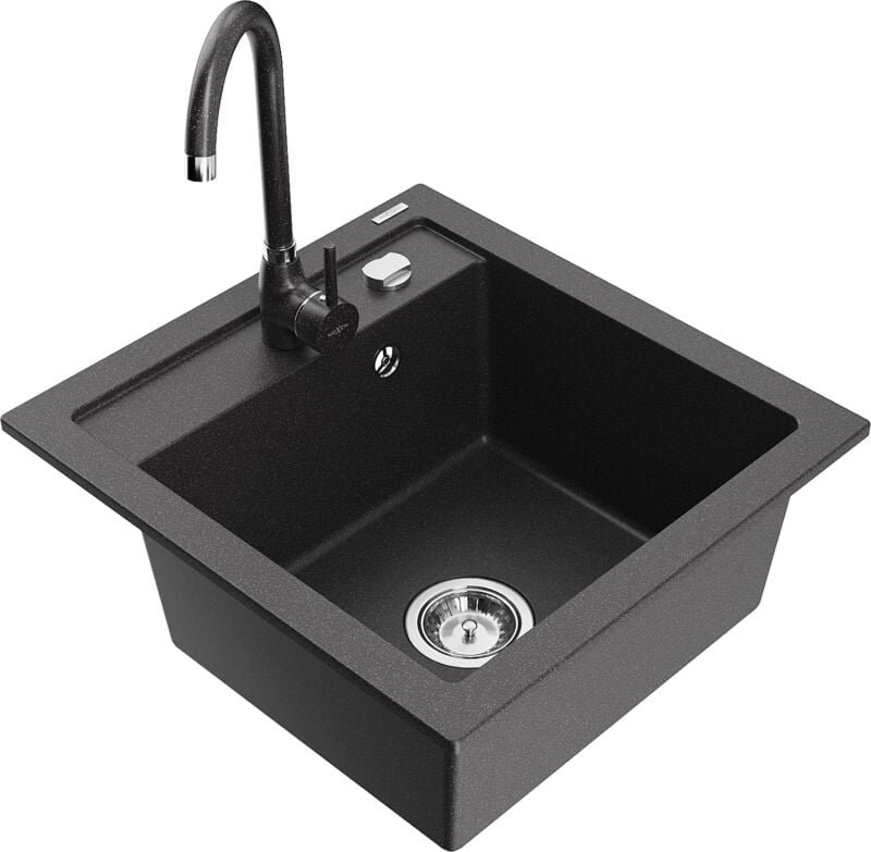 Vito 1-Becken-Granit-Spüle mit Mischbatterie Telma, Schwarz gesprenkelt - 6503-76-670200-76 - Mexen