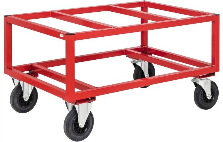 Kongamek Palettenwagen in rot 650mm hoch mit Bremse für Paletten 1200x1000mm