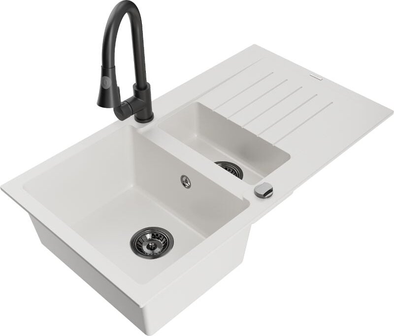 Matias 1,5-Becken-Granitspüle mit Abtropffl√§che und Mischbatterie Elia, Wei√ü - 6502-20-670101-70 - Mexen