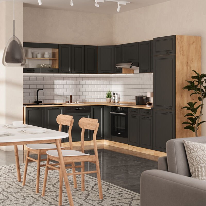 Vicco - Eckküche R-Line, Anthrazit Landhaus/Goldkraft Eiche, 227 x 287 cm , ap Anthrazit