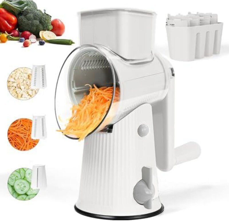 Küchenaufbewahrungszubehör, rotierende Käsereibe mit Griff, manueller Gemüseschneider mit 3 austauschbaren Klingen Mühel...