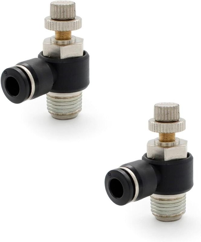2 Stück 6 mm pneumatische Armaturen, 1/4 Zoll Luftstromregler, mit Steckanschluss und Schnellventilanschluss mit Außenge...