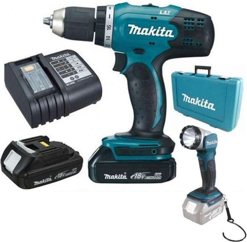 Thumbnail - Makita Werkzeug - 18V Akku-Bohrschrauber und LED-Lampen-Set, 2x 1,5 Ah Li-Ion Akku, Ladegerät DDF453SYEL