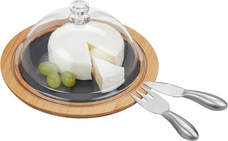 Relaxdays Käseglocke mit Käsebrett, Stahl Käsebesteck, Käsemesser, Käsegabel, Servierplatte, Bambus, Schiefer, natur