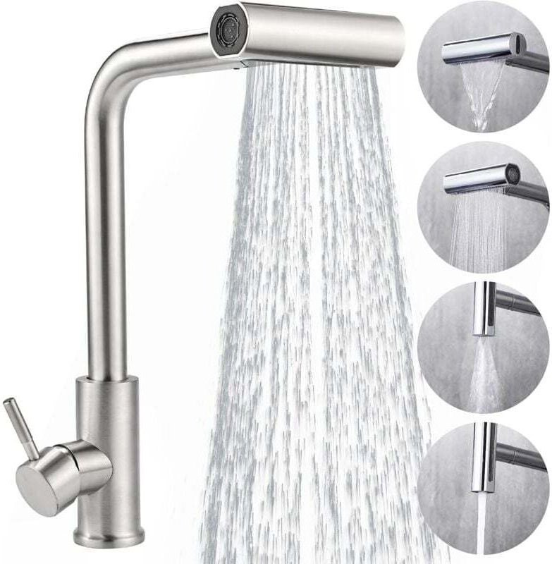 Küchenmischbatterie mit ausziehbarer Brause aus Edelstahl – 360° drehbare Küchenarmatur, gebürstetes Finish, 4 Durchflus...