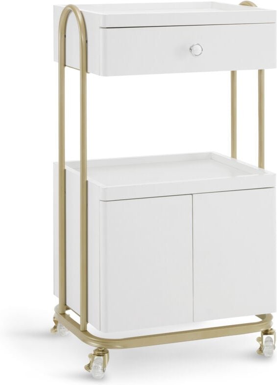 Thumbnail - M Mcombo Servierwagen mit Rollen & Schublade, Rollwagen Friseurwagen Weiß-Gold, Salon Trolley mit 2 Ablagen und Schrank,...
