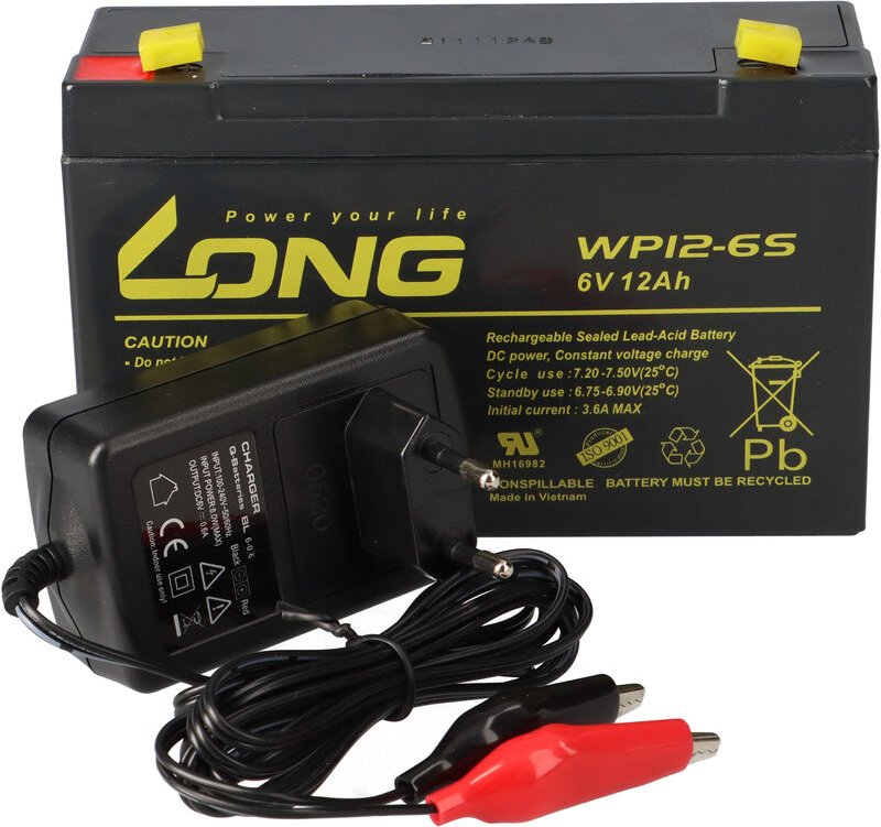 Kunglong - Set - Bleiakku und Ladegerät - 6V 12Ah Akku 0,6A Lader