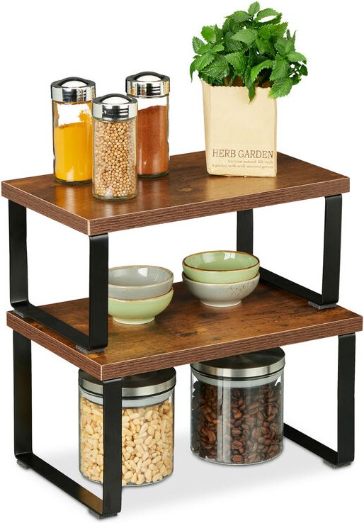 Relaxdays Tischregal 2-tlg. Set, Küchenorganizer für Gewürze, Geschirr uvm., stapelbar, Industrial Design, braun/schwarz