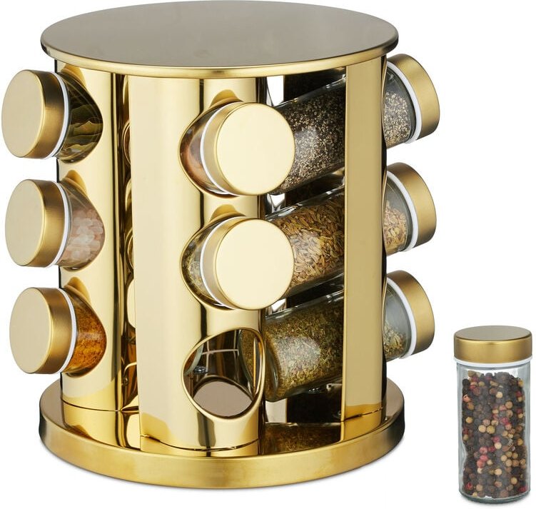 Relaxdays - Gewürzkarussell, 12 Gewürzgläser, 360° drehbar, Edelstahl, Glas, h x d: 22 x 20 cm, rundes Gewürzregal, gold