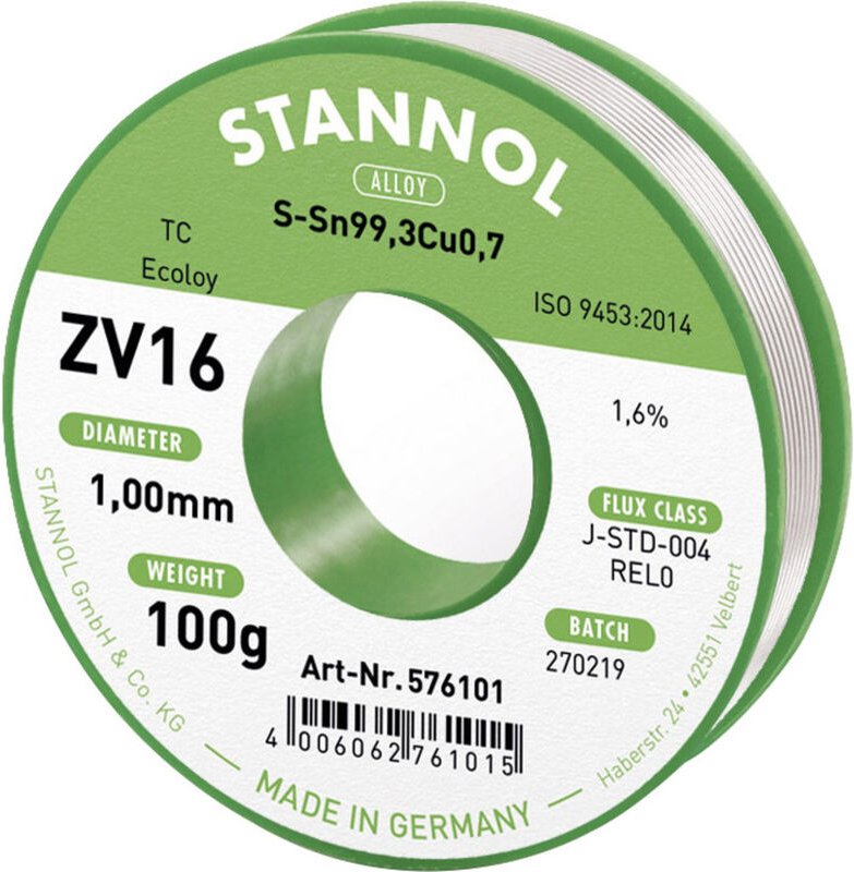 Stannol - ZV16 Lötzinn, bleifrei bleifrei Sn99,3Cu0,7 REL0 100 g 1 mm