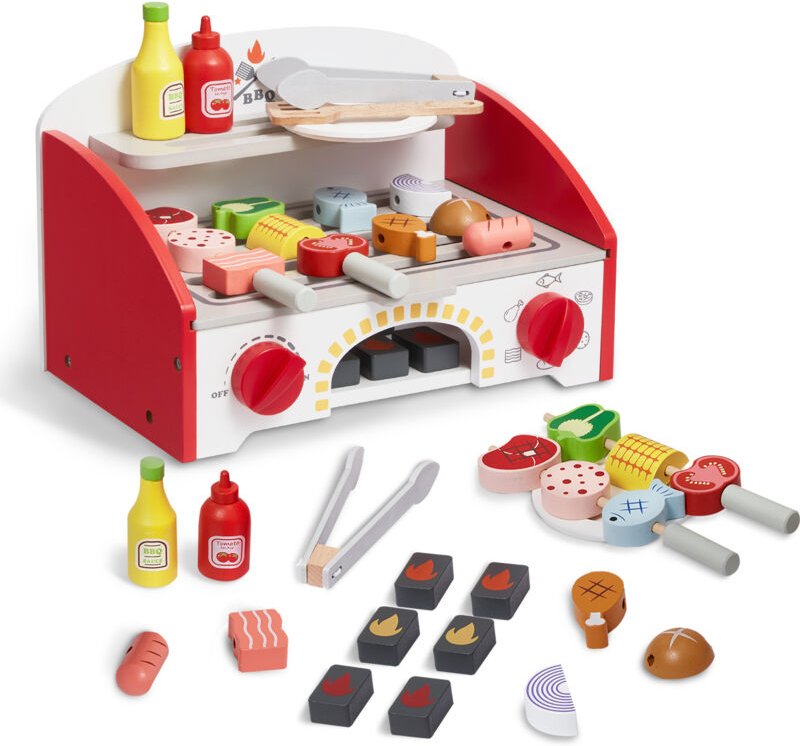 Grillset für Kinder, authentisches Kochset aus Holz mit imitiertem Holzkohlefeuer, Spielküchenzubehör (26-teilig), viels...