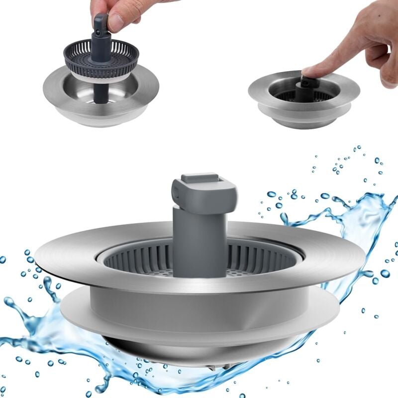Thumbnail - Verbessertes 3-in-1-Set aus Sieb und Stöpsel für die Küchenspüle, Pop-Up-Spülbeckenstöpsel aus Edelstahl, Anti-Verstopfu...