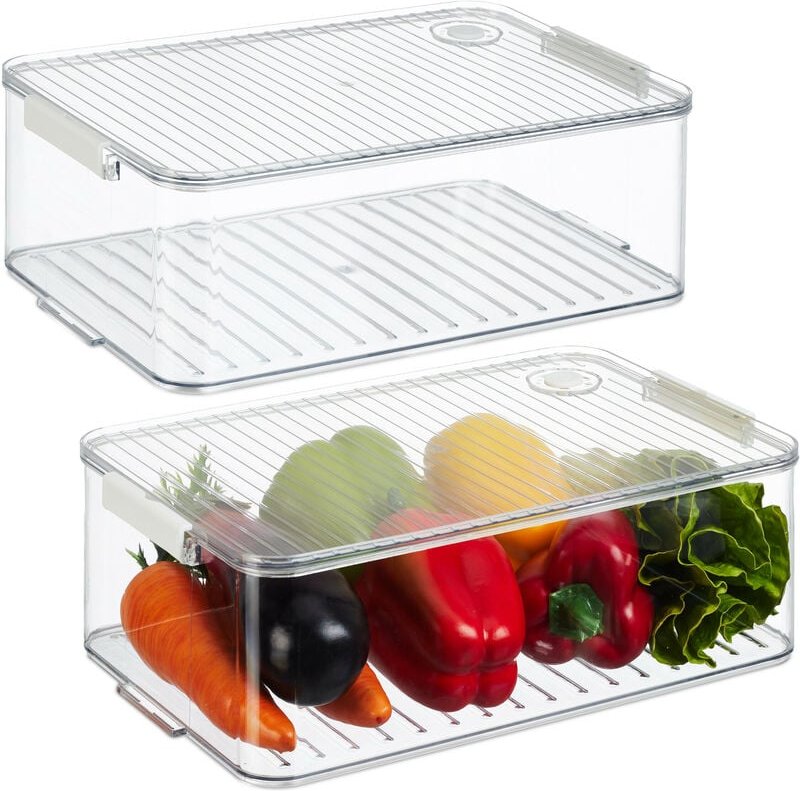 Relaxdays - Kühlschrank Organizer, 2er Set, Kühlschrankeinsätze mit Deckel & Datum, HxBxT: 10,5 x 21 x 33 cm, transparen...