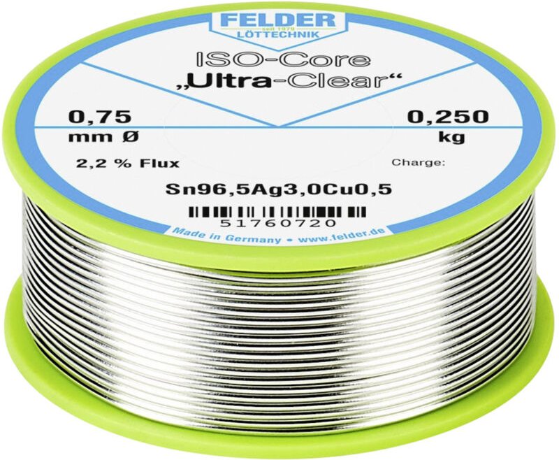 Felder Löttechnik - Felder ISO-Core 'Ultra Clear' SAC305 Lötzinn Spule Sn96,5Ag3Cu0,5 0.250 kg 0.75 mm
