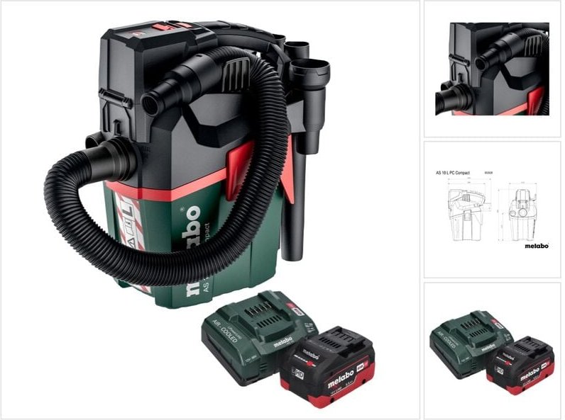 Metabo AS 18 L PC Compact Akku Sauger 18 V 6 l IPX4 Staubklasse L Nass und Trocken + 1x Akku 5,5 Ah + Ladegerät