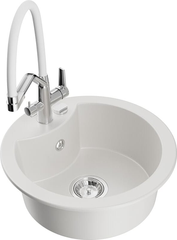 Diego 1-Becken-Granitspüle mit Mischbatterie Duo, Weiß - 6512-20-671701-02 - Mexen