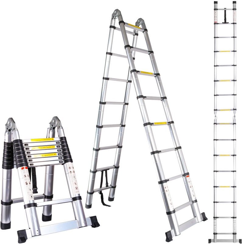 Teleskopleiter 5,0m (2,5m + 2,5m), Mehrzweckleiter Aluminium-Klappleiter 150 Kg Belastung, Silber