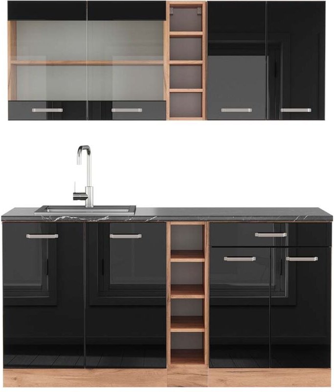 Vicco - Singleküche R-Line, Schwarz Hochglanz/Goldkraft Eiche, 160 cm , ap Anthrazit