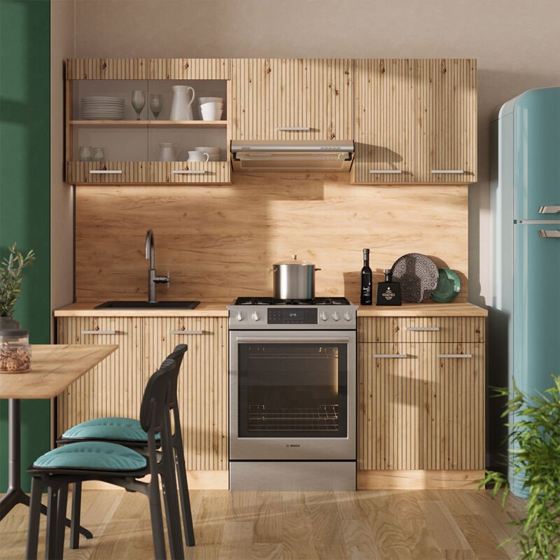 Vicco - Küchenzeile R-Line, Artisan-Eiche/Goldkraft Eiche, 200 cm , ap Eiche