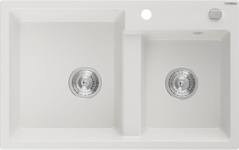 Tomas 2-Becken-Granit-Spülbecken 800 x 500 mm, Weiß, Siphon chrom - 6516802000-20 - Mexen