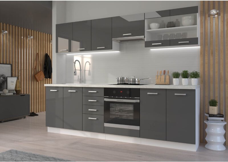 Küchenmöbel Set Mieza 260 cm mit Hängeschränken Grau glänzend und Weiß - Furnix