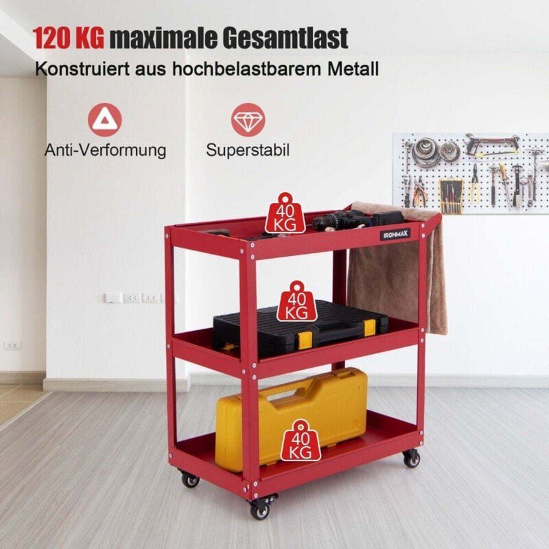 Thumbnail - Werkstatt rollwagen 3 etagen werkstattwagen mit 4 universalradern griff 73 x 36 x 75 cm rot